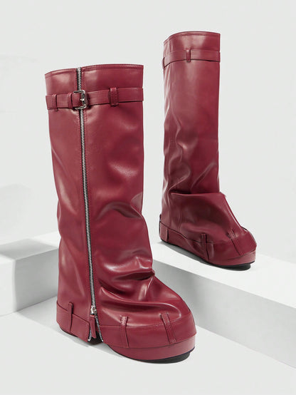 Elevate Your Style Thick-Soled Wedge Heel Western Riding Boots Burgundy