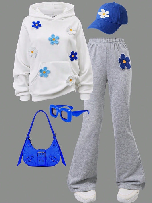 Chic Floral Embroidered Hoodie & Flared Pants Set for Trendy Teen Girls