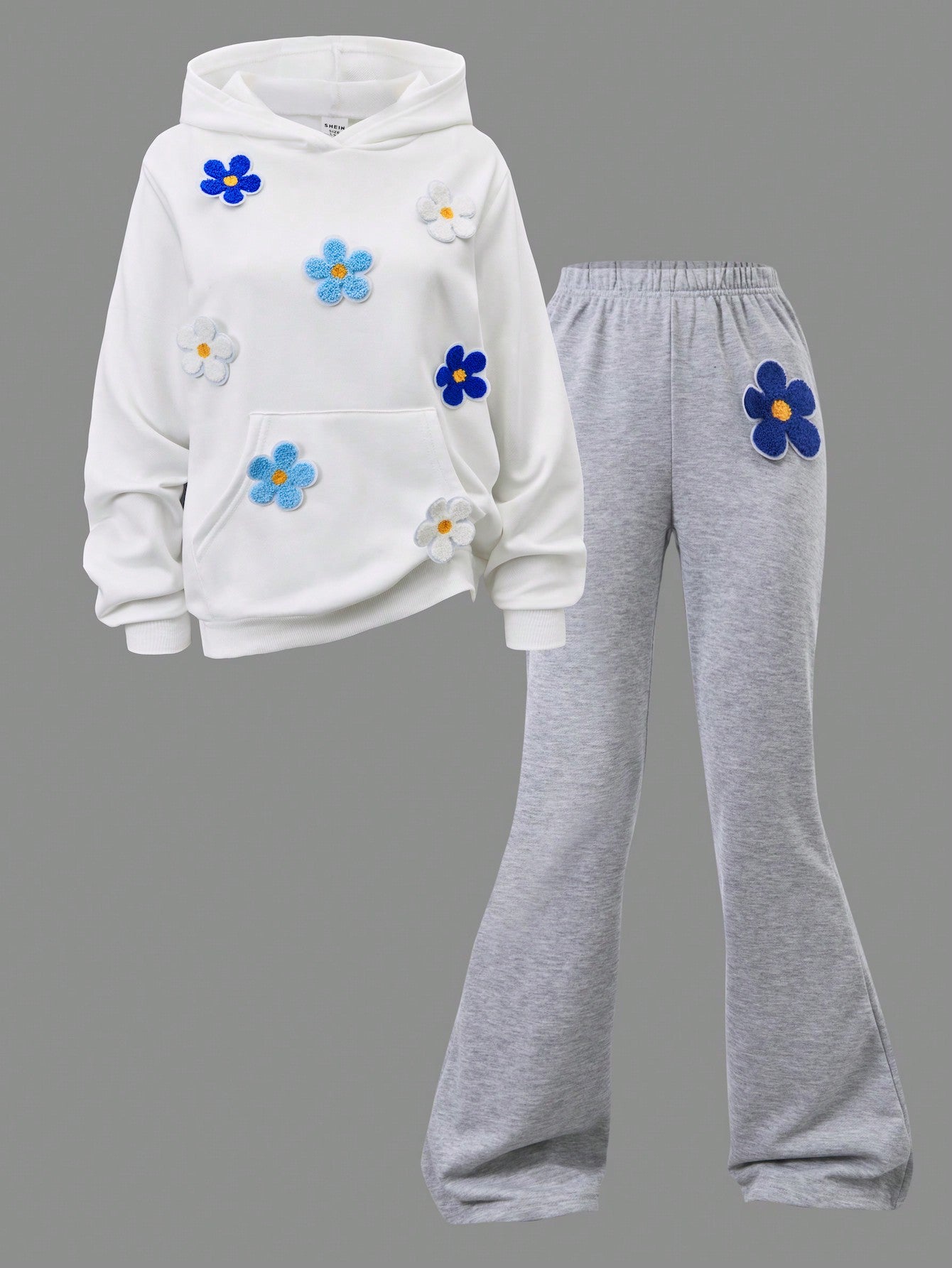 Chic Floral Embroidered Hoodie & Flared Pants Set for Trendy Teen Girls