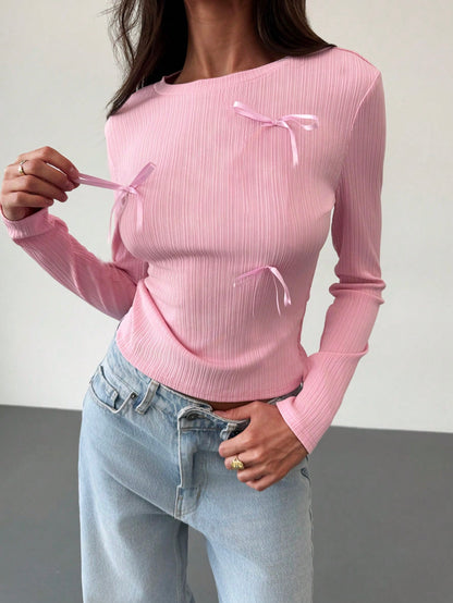 Chic Pink Satin Bow Long Sleeve Top – Perfect for Back-to-School & Valentine's Day!