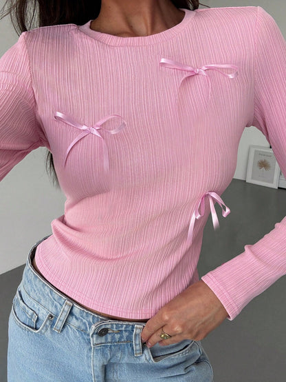 Chic Pink Satin Bow Long Sleeve Top – Perfect for Back-to-School & Valentine's Day!