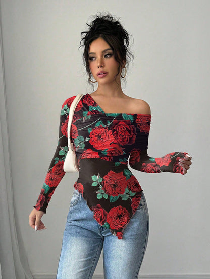 Chic Elenzga Solid Color Oblique Shoulder Long Sleeve Slim Fit Casual T-Shirt for Effortless Style Red-2