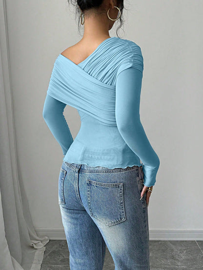 Chic Elenzga Solid Color Oblique Shoulder Long Sleeve Slim Fit Casual T-Shirt for Effortless Style