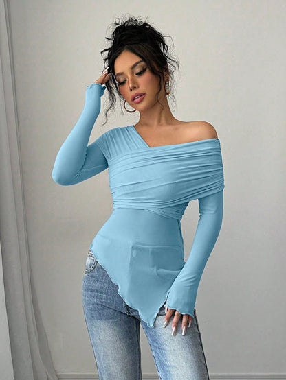 Chic Elenzga Solid Color Oblique Shoulder Long Sleeve Slim Fit Casual T-Shirt for Effortless Style Blue