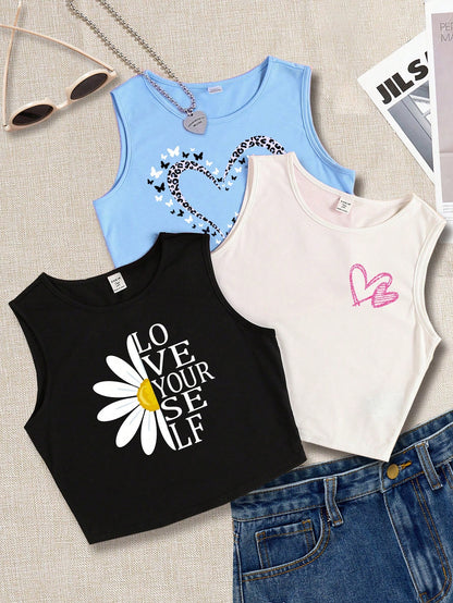 Chic Summer Vibes: 3-Piece Heart & Leopard Pattern Tank Set for Teen Girls