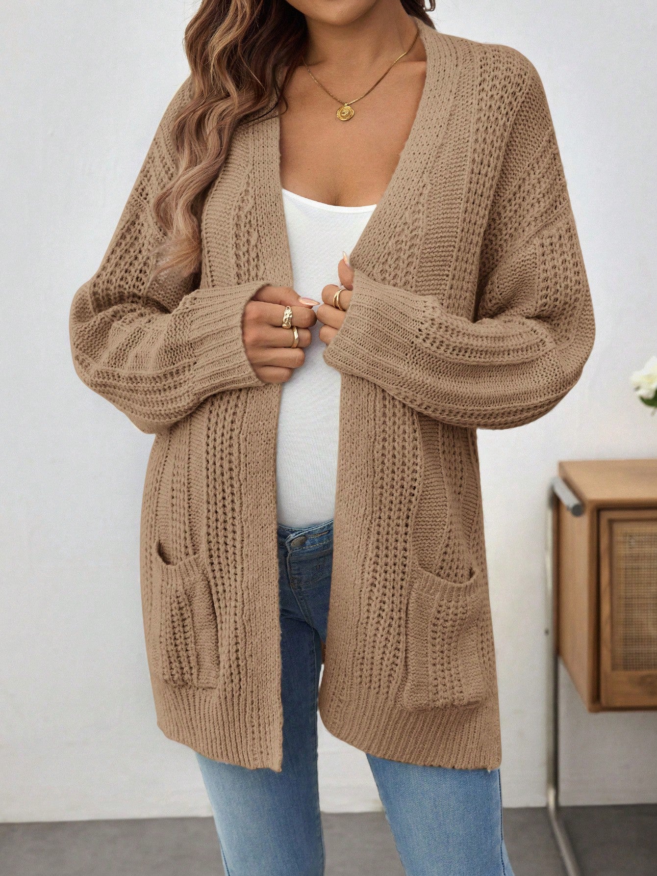 Loose Casual Semi-Sheer Long Sleeve Maternity Sweater Jacket for Winter