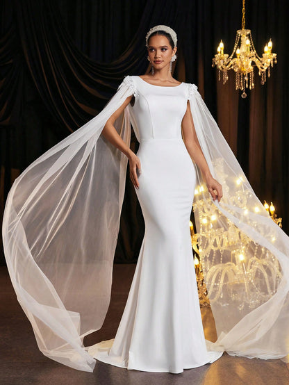 Glamrae Romantic Lace & Satin Fishtail Wedding Dress with Exquisite Floating Sleeves