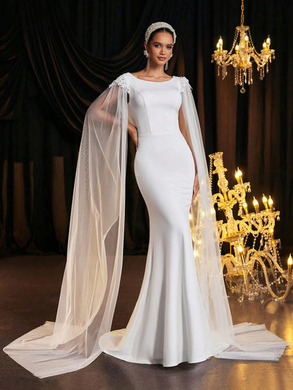 Glamrae Romantic Lace & Satin Fishtail Wedding Dress with Exquisite Floating Sleeves