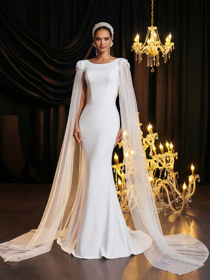 Glamrae Romantic Lace & Satin Fishtail Wedding Dress with Exquisite Floating Sleeves