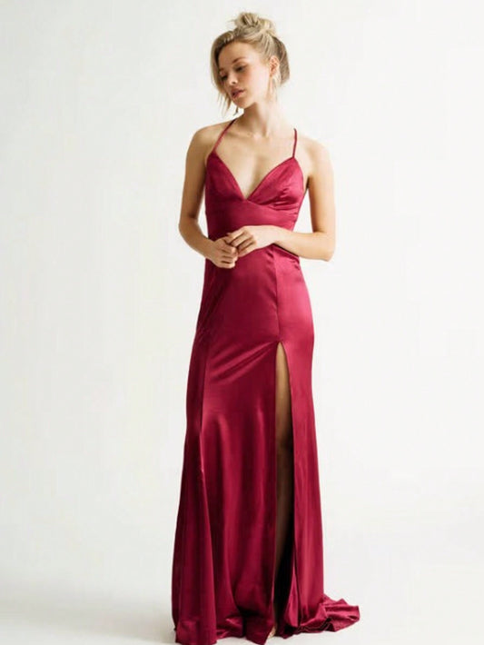 Divine Burgundy Satin High Slit Long Dress for Elegant Occasions