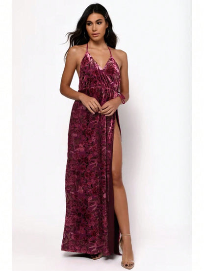 Elegant Burgundy Backless High Slit Long Skirt - Perfect for Any Special Occasion