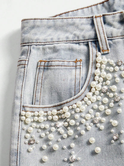 Boho Chic: Beaded Wide Leg Jeans for Effortless Style S M L S-M-L-XL-