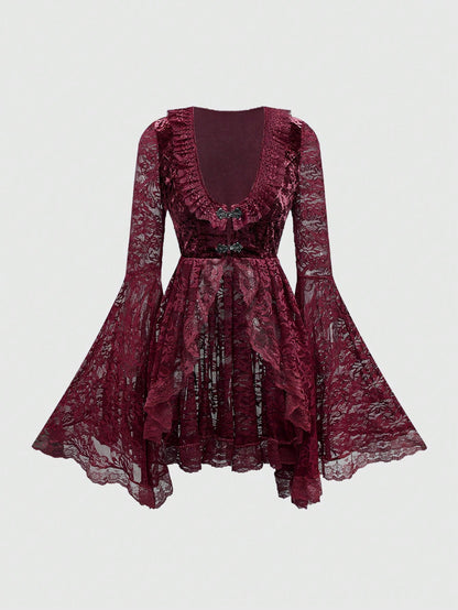 Enchanting Gothic Velvet Blouse with Lace Flare Sleeves - Off-Shoulder Palace Style