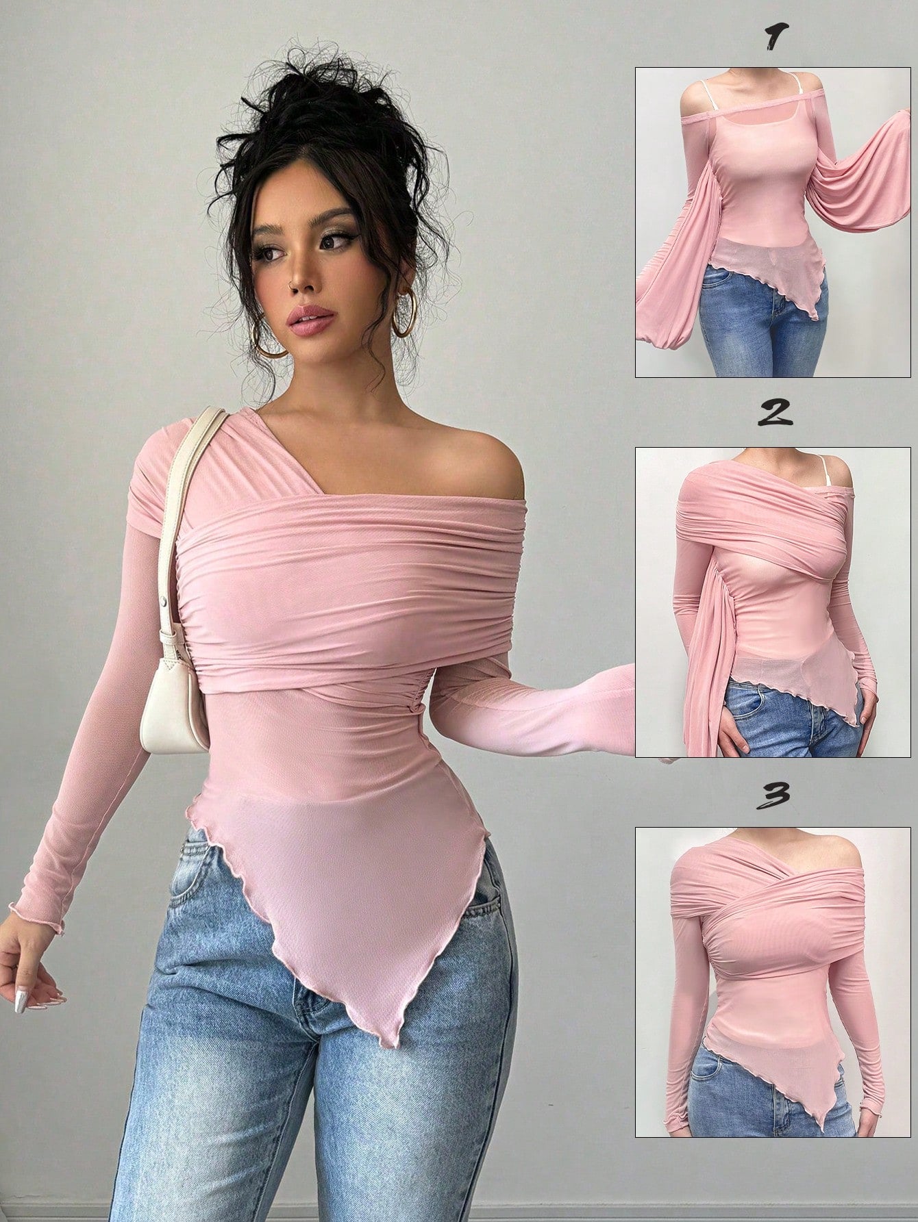 Chic Elenzga Solid Color Oblique Shoulder Long Sleeve Slim Fit Casual T-Shirt for Effortless Style Pink