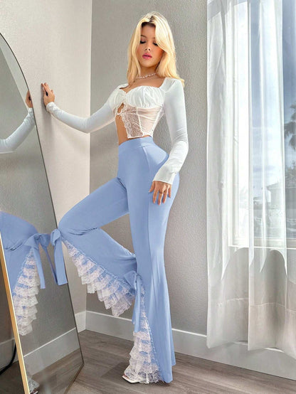 Chic Sweetina Low Waist Lace Patchwork Flare Pants with Bow Detail for Stylish Comfort Black / M Black / XS Black / L Black / M-Black / XS-Black / L-Black / S-Pink / M-Pink / XS-Pink / L-Pink / S-Mauve Purple / M-Mauve Purple / XS-Mauve Purple / L-Mauve Purple / S-Blue Power / M-Blue Power / XS-Blue Power / L-Blue Power / S-Blue / M-Blue / XS-Blue / L-Blue / S-