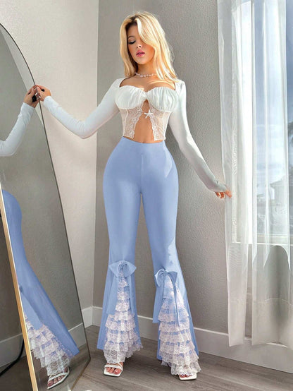 Chic Sweetina Low Waist Lace Patchwork Flare Pants with Bow Detail for Stylish Comfort Black / M Black / XS Black / L Black / M-Black / XS-Black / L-Black / S-Pink / M-Pink / XS-Pink / L-Pink / S-Mauve Purple / M-Mauve Purple / XS-Mauve Purple / L-Mauve Purple / S-Blue Power / M-Blue Power / XS-Blue Power / L-Blue Power / S-Blue / M-Blue / XS-Blue / L-Blue / S-