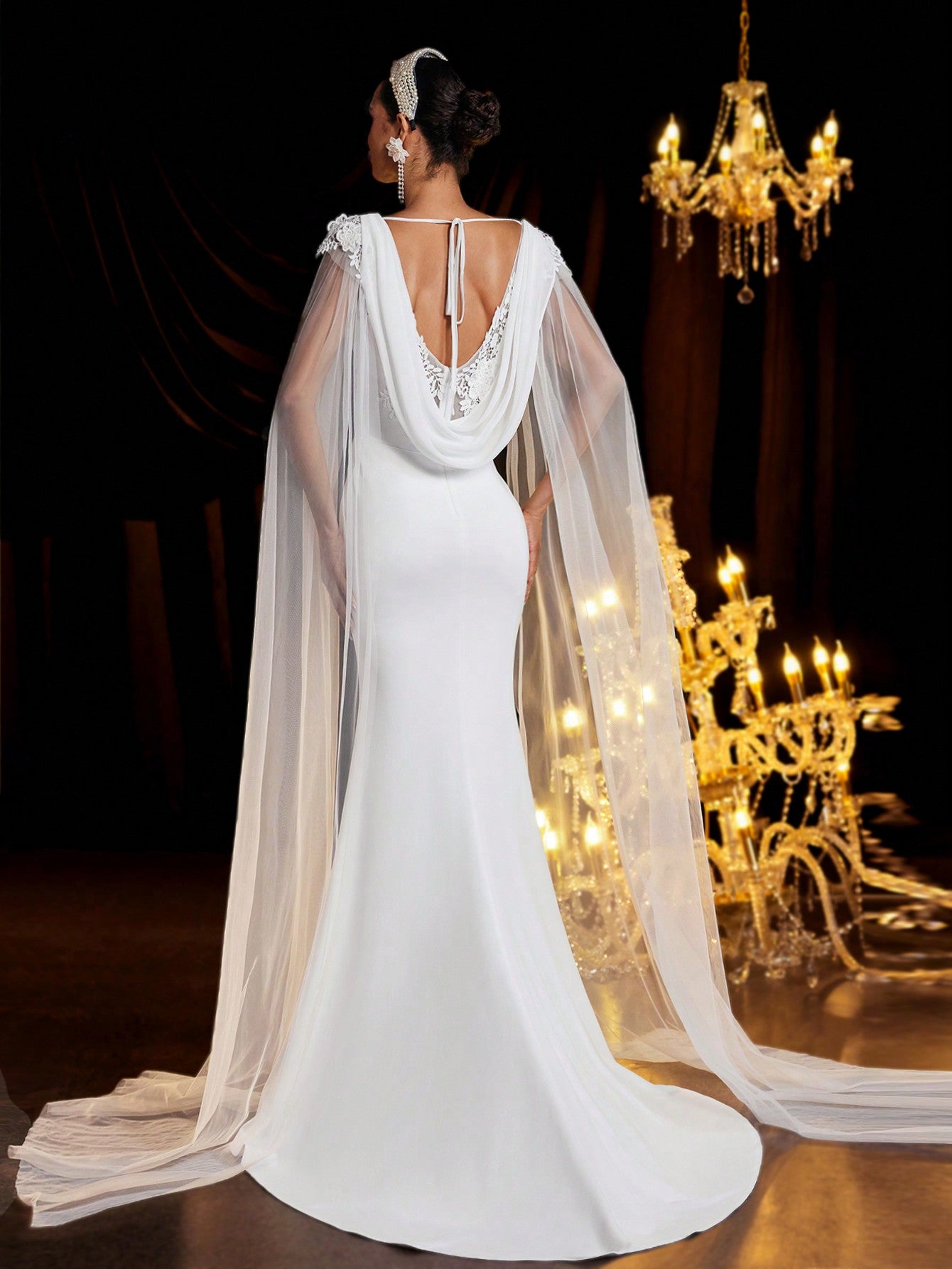 Glamrae Romantic Lace & Satin Fishtail Wedding Dress with Exquisite Floating Sleeves