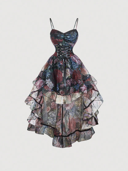 Vintage Floral Mesh Overlay Dress with Tie Waist XS S M XS-S-M-L-