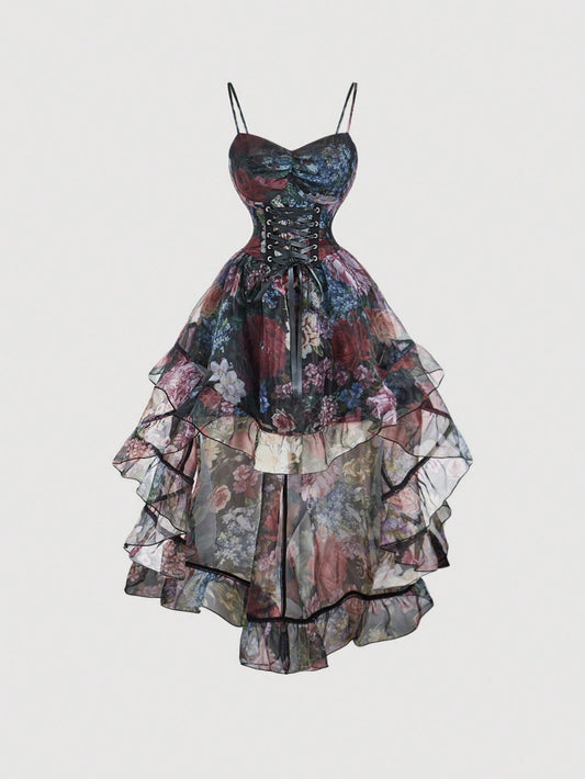 Vintage Floral Mesh Overlay Dress with Tie Waist XS S M XS-S-M-L-