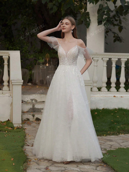 Elegance Redefined: V-Neck Lace Beaded Wedding Dress with Chic Slit Detail