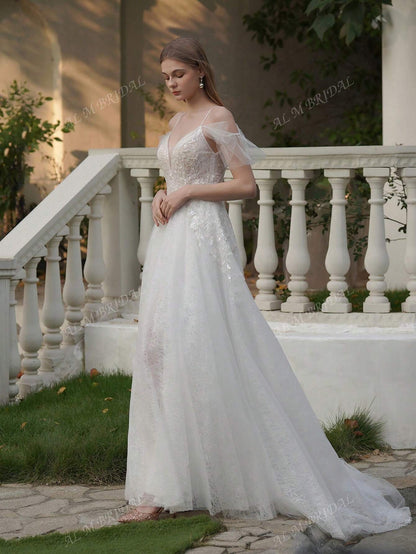 Elegance Redefined: V-Neck Lace Beaded Wedding Dress with Chic Slit Detail