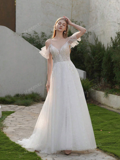 Elegance Redefined: V-Neck Lace Beaded Wedding Dress with Chic Slit Detail