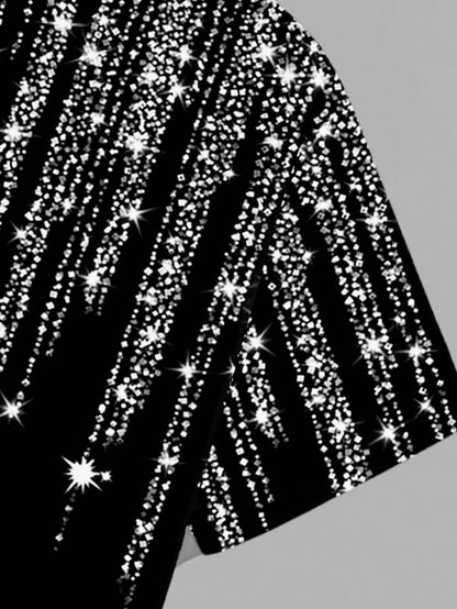 Stylish Plus Size Men's Rhinestone T-Shirt with Silver Glitter Drip Design 2XL 3XL 4XL 2XL-3XL-4XL-5XL-6XL-