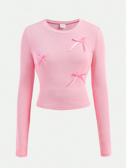 Chic Pink Satin Bow Long Sleeve Top – Perfect for Back-to-School & Valentine's Day!