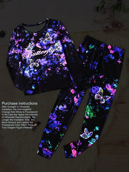 Glow-In-The-Dark Butterfly Loungewear Set for Teen Girls – 2-Piece Casual Comfort