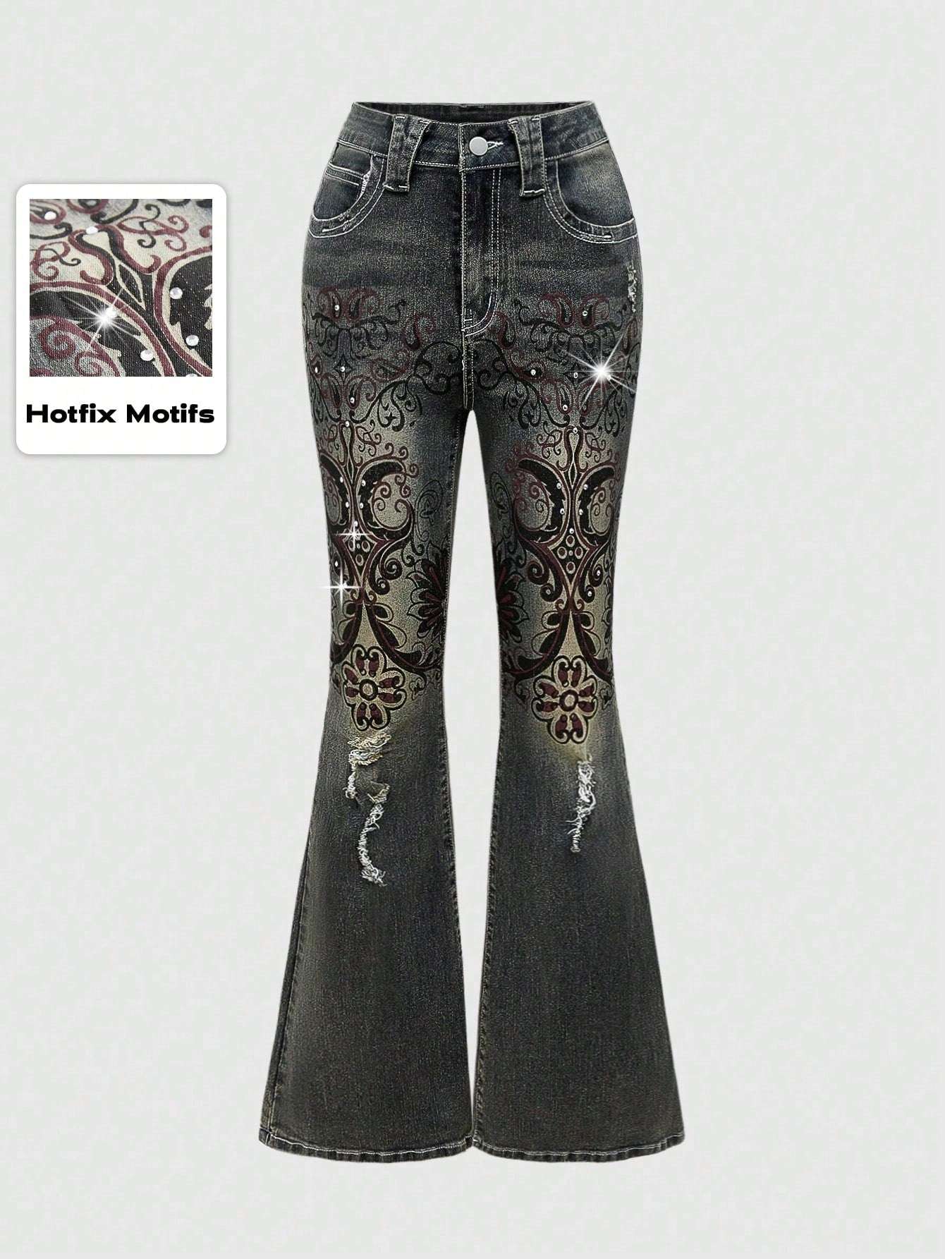 Retro Floral Vine High-Stretch Flare Jeans for Women - Grunge Punk Vintage Style XL XS S XL-XS-S-L-M-