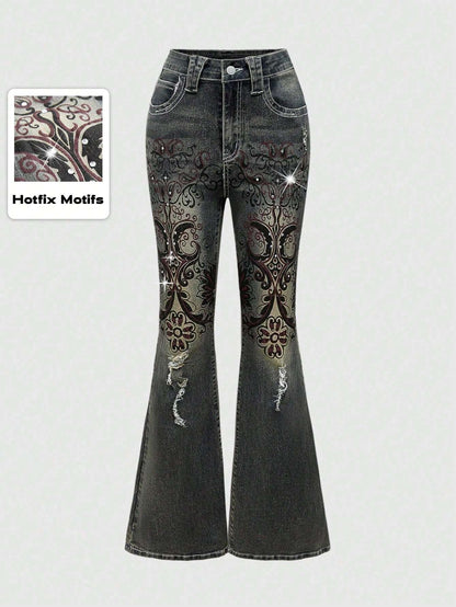 Retro Floral Vine High-Stretch Flare Jeans for Women - Grunge Punk Vintage Style XL XS S XL-XS-S-L-M-