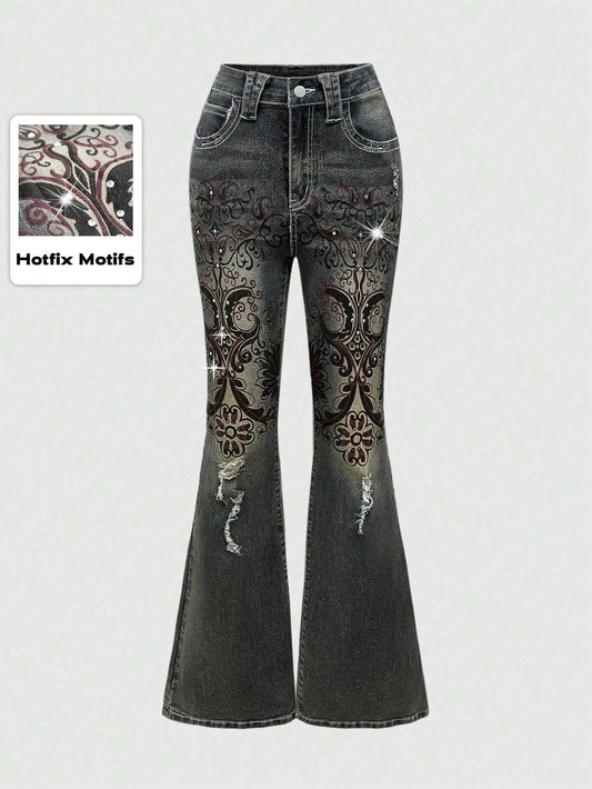 Retro Floral Vine High-Stretch Flare Jeans for Women - Grunge Punk Vintage Style XL XS S XL-XS-S-L-M-