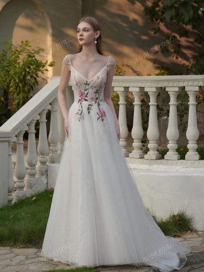 Enchanting Floral Embroidered Beaded Long Wedding Dress for a Dreamy Celebration