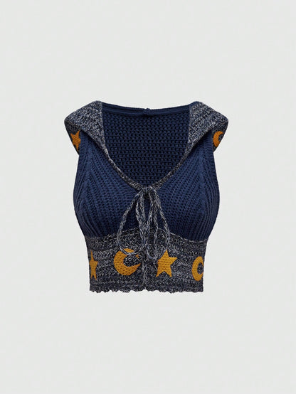 Boho Chic Sleeveless Hoodie with Celestial Moon and Stars Print XS XL XS-XL-