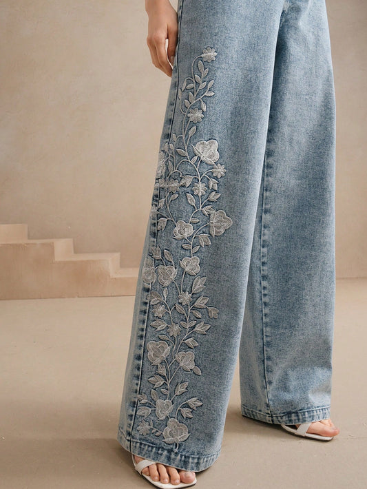 Elegant Floral Embroidered Long Pants for Women – Perfect Vacation Style S M L S-M-L-XL-