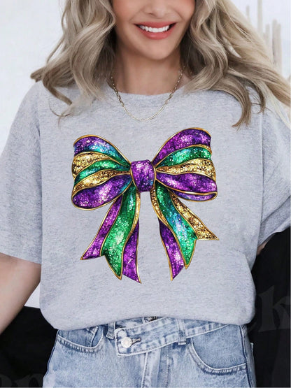 Festive Flair: Oversized Mardi Gras Bow T-Shirt for Women – Perfect for Carnival Grey / S Grey / M 