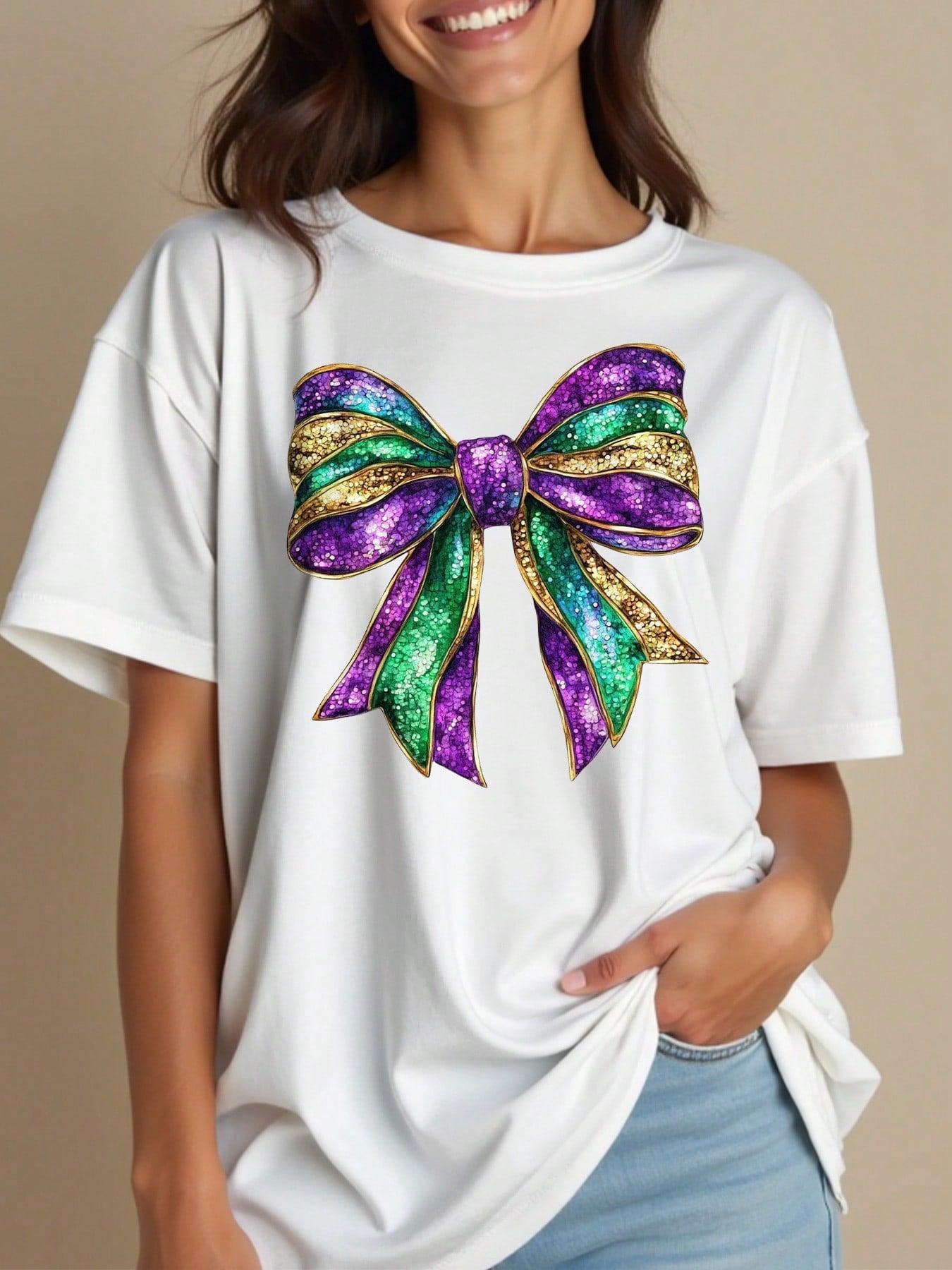 Festive Flair: Oversized Mardi Gras Bow T-Shirt for Women – Perfect for Carnival Grey / S Grey / M 