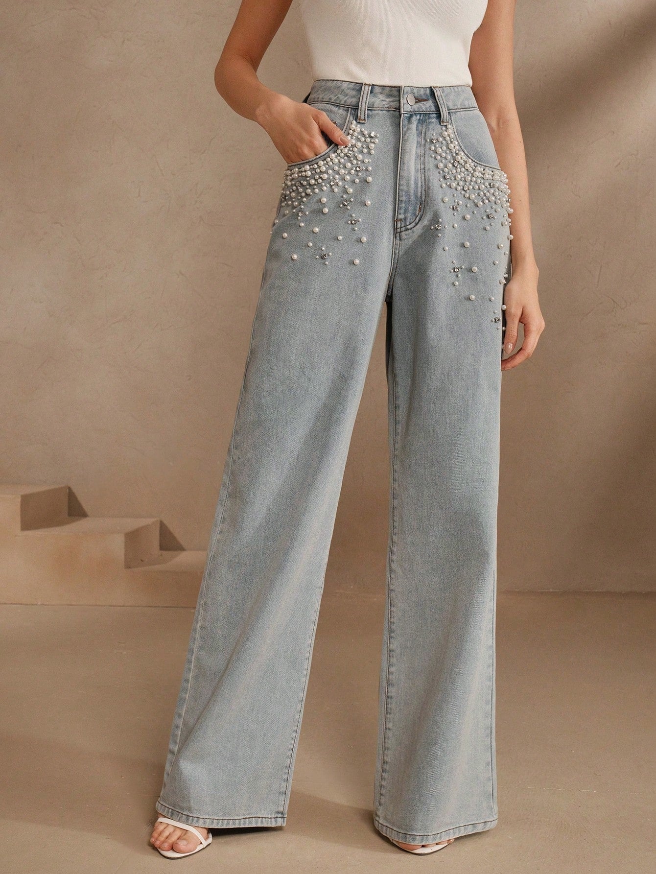 Boho Chic: Beaded Wide Leg Jeans for Effortless Style S M L S-M-L-XL-