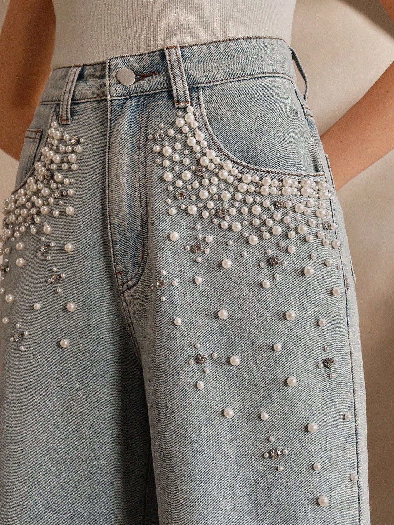 Boho Chic: Beaded Wide Leg Jeans for Effortless Style S M L S-M-L-XL-