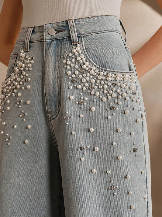 Boho Chic: Beaded Wide Leg Jeans for Effortless Style S M L S-M-L-XL-