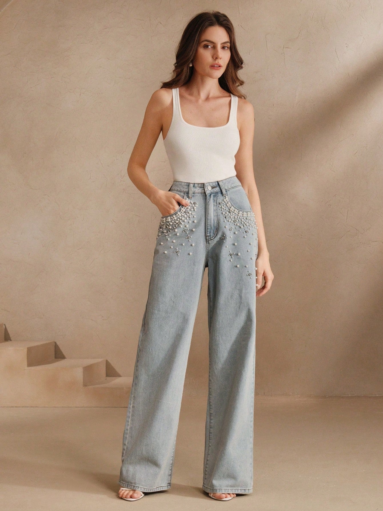 Boho Chic: Beaded Wide Leg Jeans for Effortless Style S M L S-M-L-XL-
