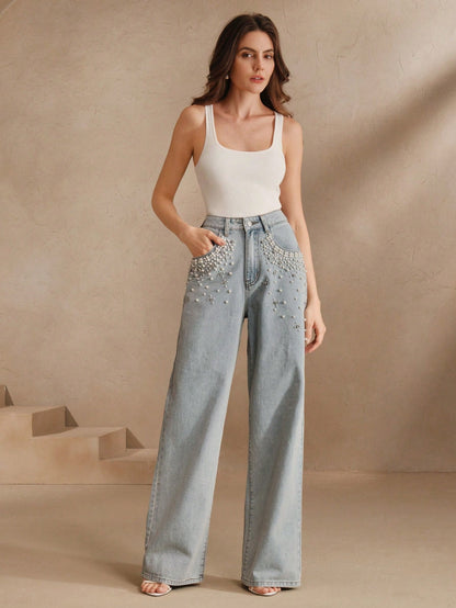 Boho Chic: Beaded Wide Leg Jeans for Effortless Style S M L S-M-L-XL-