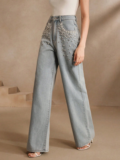 Boho Chic: Beaded Wide Leg Jeans for Effortless Style S M L S-M-L-XL-