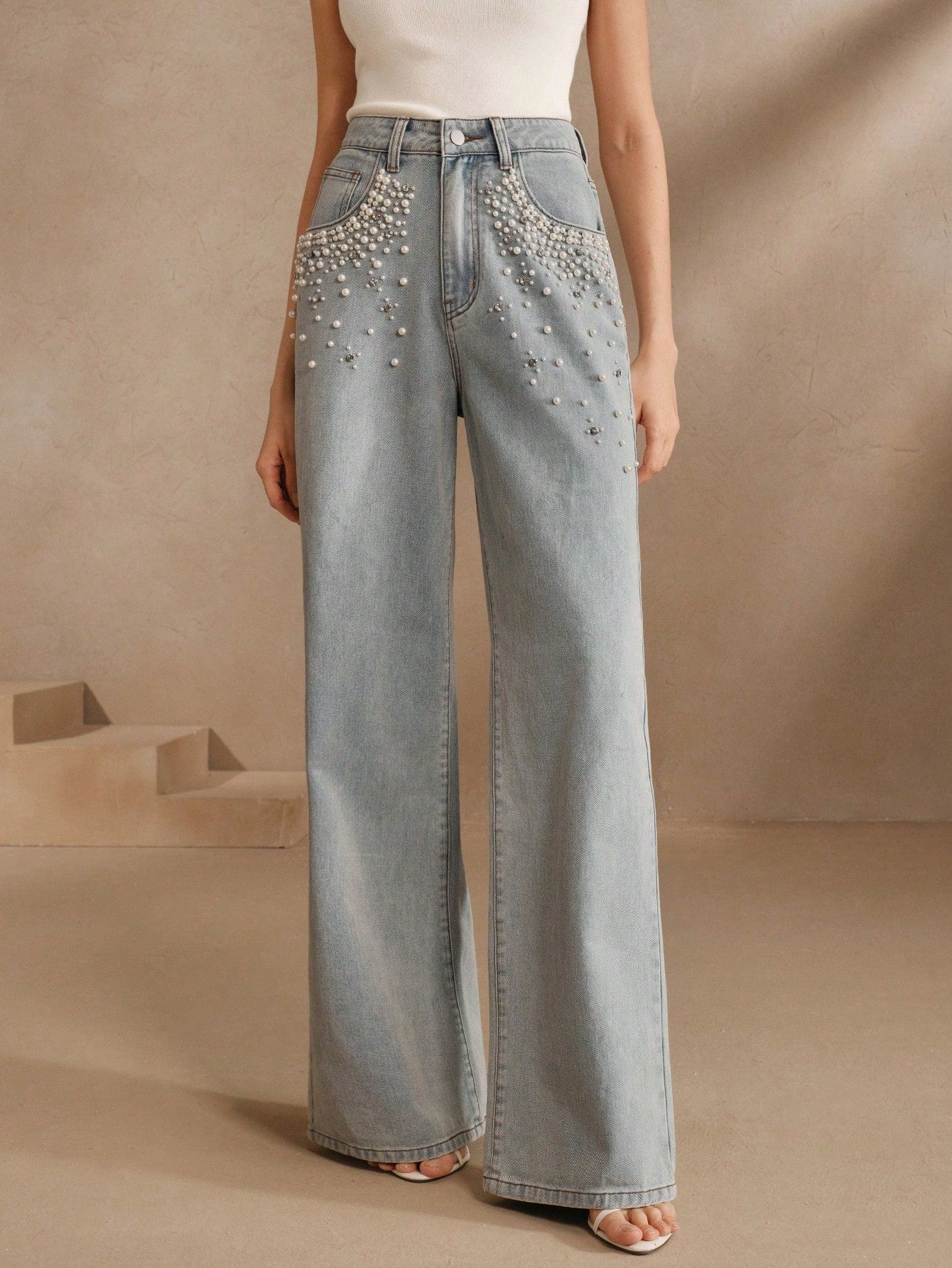 Boho Chic: Beaded Wide Leg Jeans for Effortless Style S M L S-M-L-XL-