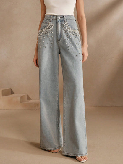 Boho Chic: Beaded Wide Leg Jeans for Effortless Style S M L S-M-L-XL-