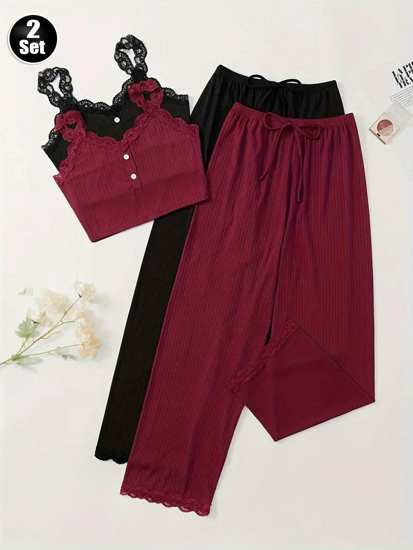 Stylish 2-Piece Women's Loungewear Set with Lace Trim V-Neck Cami Top Multicolor / S Multicolor / M Multicolor / L Multicolor / S-Multicolor / M-Multicolor / L-Multicolor / XL-Multicolor-2 / S-Multicolor-2 / M-Multicolor-2 / L-Multicolor-2 / XL-