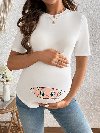 Adorable Maternity Cartoon Print Curved Hem T-Shirt for Expecting Moms