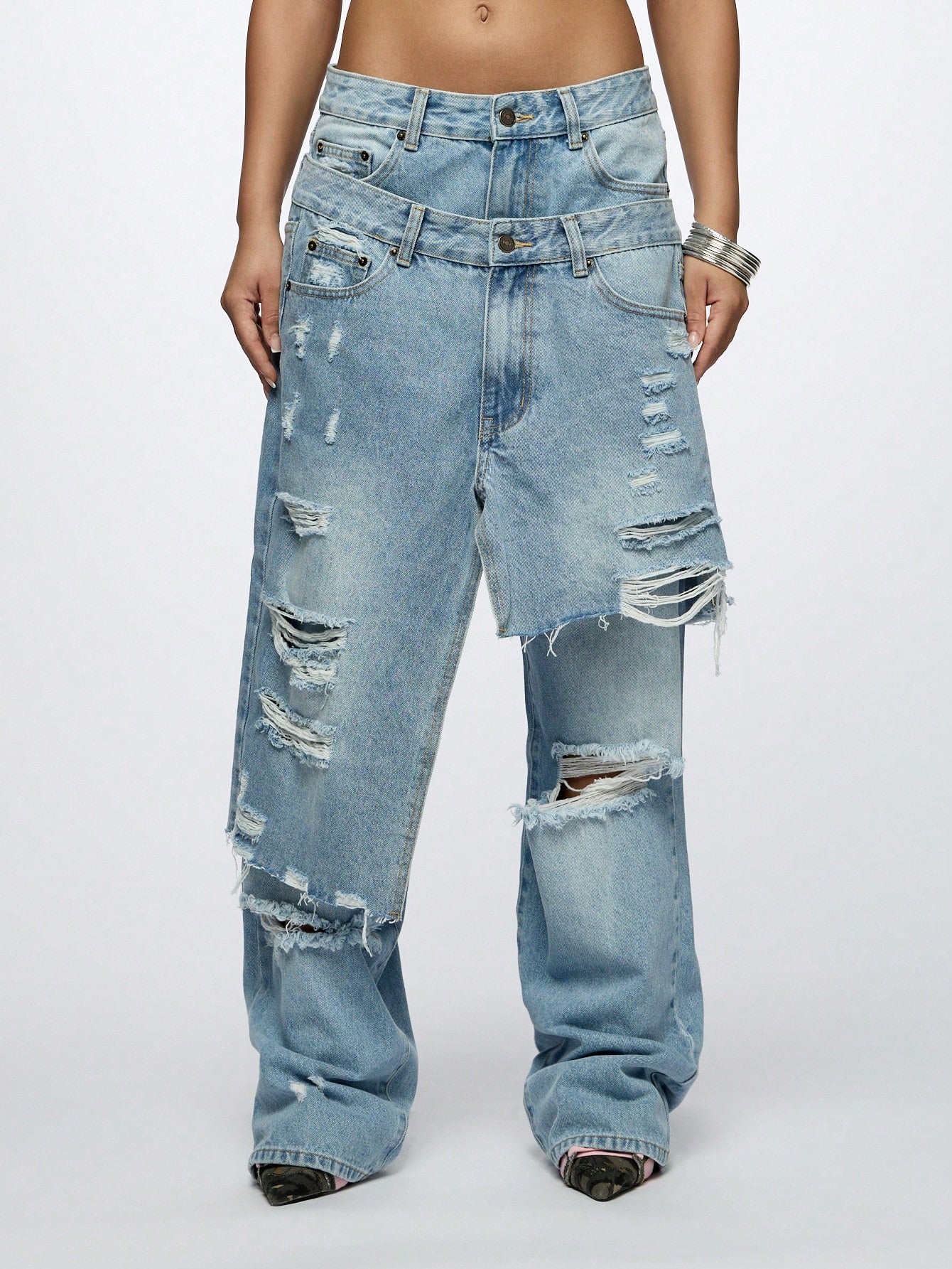 Women's Baggy Overlay Extreme Ripped Jeans for Chic Casual Looks XS S M XS-S-M-L-