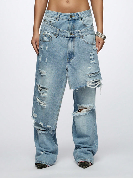Women's Baggy Overlay Extreme Ripped Jeans for Chic Casual Looks XS S M XS-S-M-L-