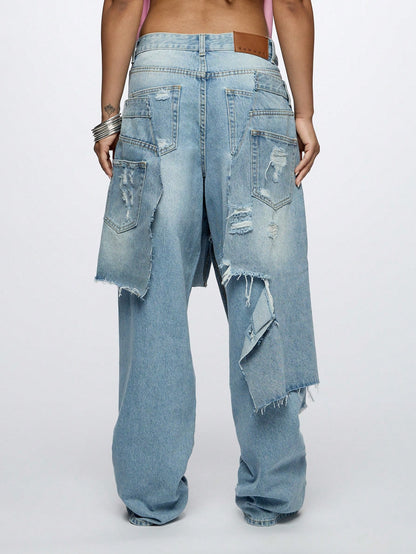 Women's Baggy Overlay Extreme Ripped Jeans for Chic Casual Looks XS S M XS-S-M-L-